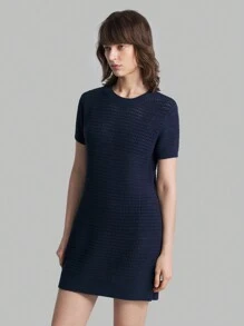 Ontre Casual Women Solid Color Round Neck Short Sleeve Knitted Sweater Dress - Navy Blue - View 7