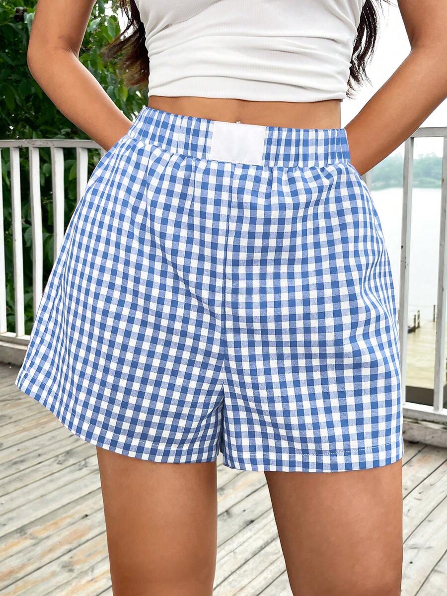 Muchica Shorts Xadrez Azul e Branco de Cintura Elástica - Azul - Visão 1
