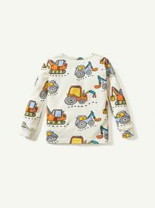 Cozy Pixies Baby Boy Snug Fit Pajama Set With Cartoon Multicolor Car Pattern Knitted Soft Round Neck Long-Sleeved Pullover And Pants, 2pcs, Suitable For Spring, Summer And Autumn - Apricot - View 2