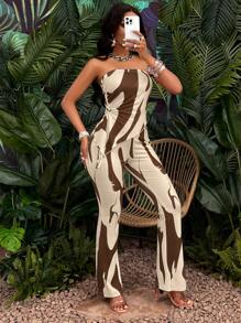 BamGleam 圖形印花不對稱下擺無肩帶上衣和喇叭褲 (隨機花型) - 棕色 - 查看 4