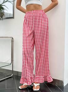 SHEIN Essnce Mùa hè dành cho nữ Quần kẻ sọc nhỏ có viền ruffle tươi mát với họa tiết kẻ sọc màu đỏ và trắng - Đỏ và trắng - Xem 6