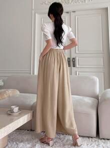 DAZY 女士高腰飘逸阔腿休闲商务裤、返校服、教师裤 - 杏色 - 查看 2