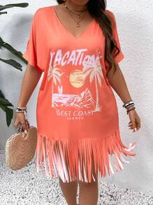 SHEIN VCAY Plus Size Off-Shoulder Tassel Tropical Print Casual Dress
﻿