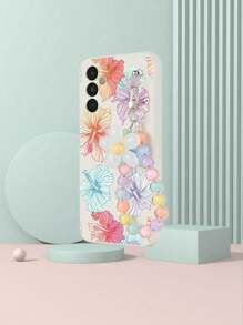 1 pièce Étui de téléphone antichoc à imprimé floral blanc en TPU avec couverture complète et 1 pièce Bracelet-tour de cou à fleurs roses avec perles, convient pour les téléphones Apple/Android, Galaxy A51 4G, Galaxy A52, A52s 5G, Galaxy S23 Ultra, Galaxy A13 4G, Galaxy A12, Galaxy S25 Ultra, OPPO A54 - Multicolore - Voir 2