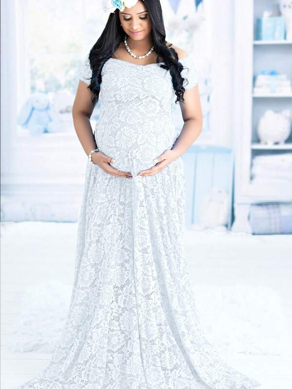 Vestido de renda com decote em V para maternidade, manga curta, vestido longo para sessão de fotos, chá de bebê, para sessão de fotos