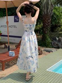 DAZY Women's Fashionable Floral Print Halterneck Dress With Cinched Waist Summer Cruise Women Outfits Sundress Vacation Outfits Women - Blue - View 5