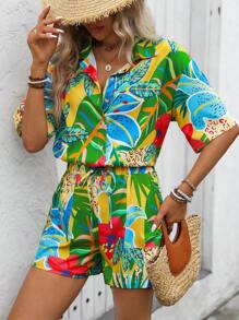 Breezaya Bộ áo sơ mi và quần đùi ngắn tay thường ngày có in hoa cho nữ - Nhiều màu - Xem 6