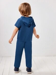 SHEIN Chàng trai trẻ Giải trí áo có mũ Thư dập nổi Mẫu Áo thun Và Quần Bộ - màu xanh lá - Xem 3