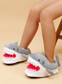 趣味鲨鱼图案拖鞋，保暖舒适，软底，静音防滑，女士家居拖鞋，秋冬季 - 灰色 - 查看 4