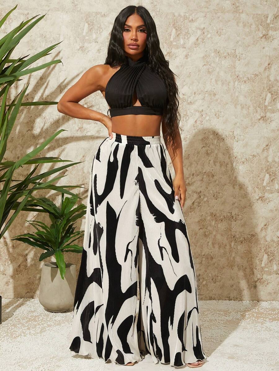 SHEIN SXY Wysoka talia Abstrakcyjny nadruk Plisowane szerokie nogawki Bardzo długie spodnie palazzo Wakacje Seksowne Lato Wakacje na plaży Boho Kobiety Strój Duma Ubrania Western Wear Strój urodzinowy Wieczór panieński Koncert Klub Przyjęcie z okazji ukończenia szkoły Biały