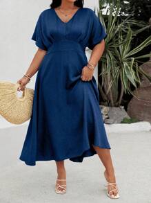 EMERY ROSE Plus Size Solid Color Gathered Waist Long Batwing Sleeve Holiday Casual Dress Maxi Women Outfit - Navy Blue - View 1