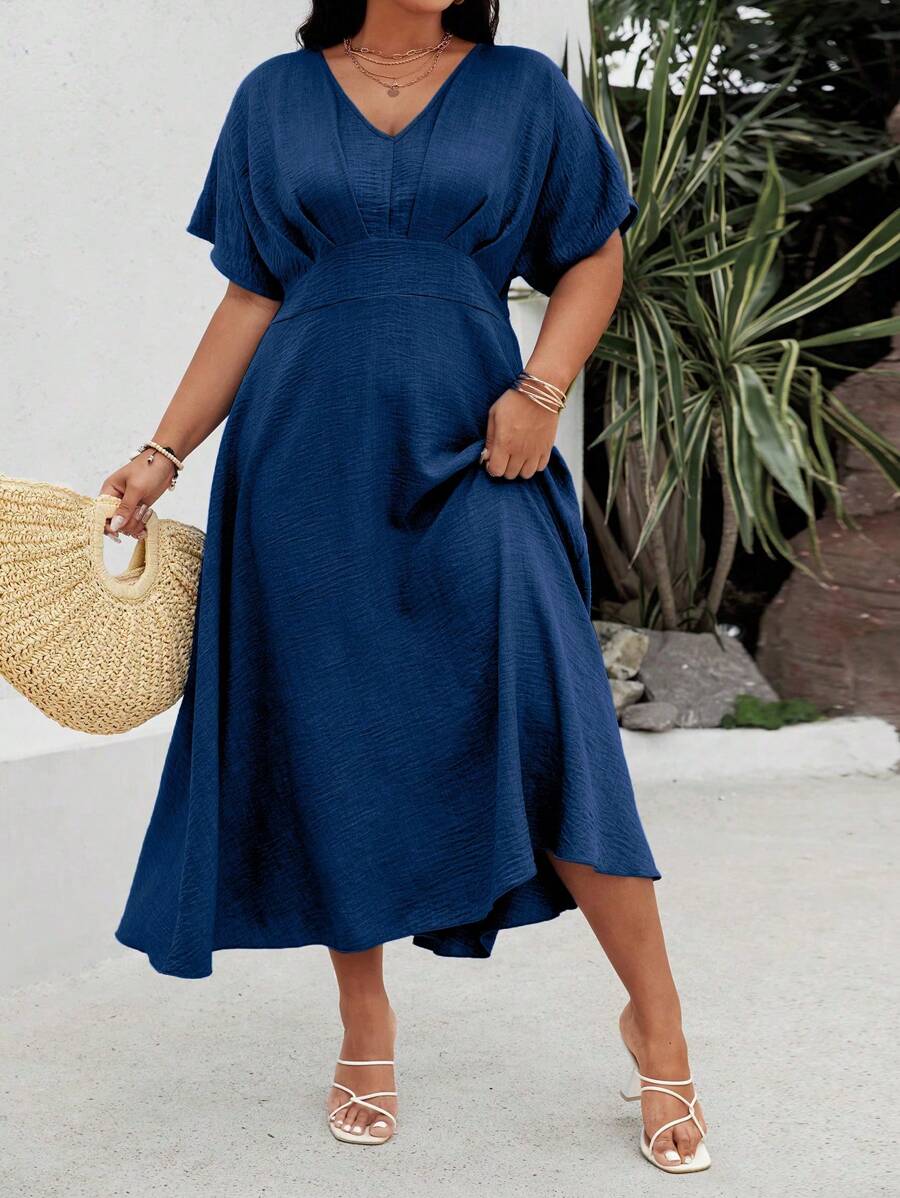 EMERY ROSE Plus Size Solid Color Gathered Waist Long Batwing Sleeve Holiday Casual Dress Maxi Women Outfit - Navy Blue - View 1