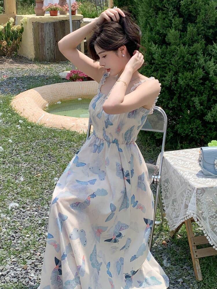 Women's Beige Floral Print Halterneck Dress Summer Cottage Core Holiday Picnic Holiday Cinched Waist Cruise Outfits Sundress Easter Maxi Dress Boho