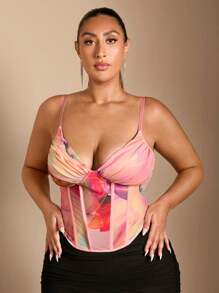 SHEIN BAE BAE加大碼印花彈性網紗胸前收攏背心