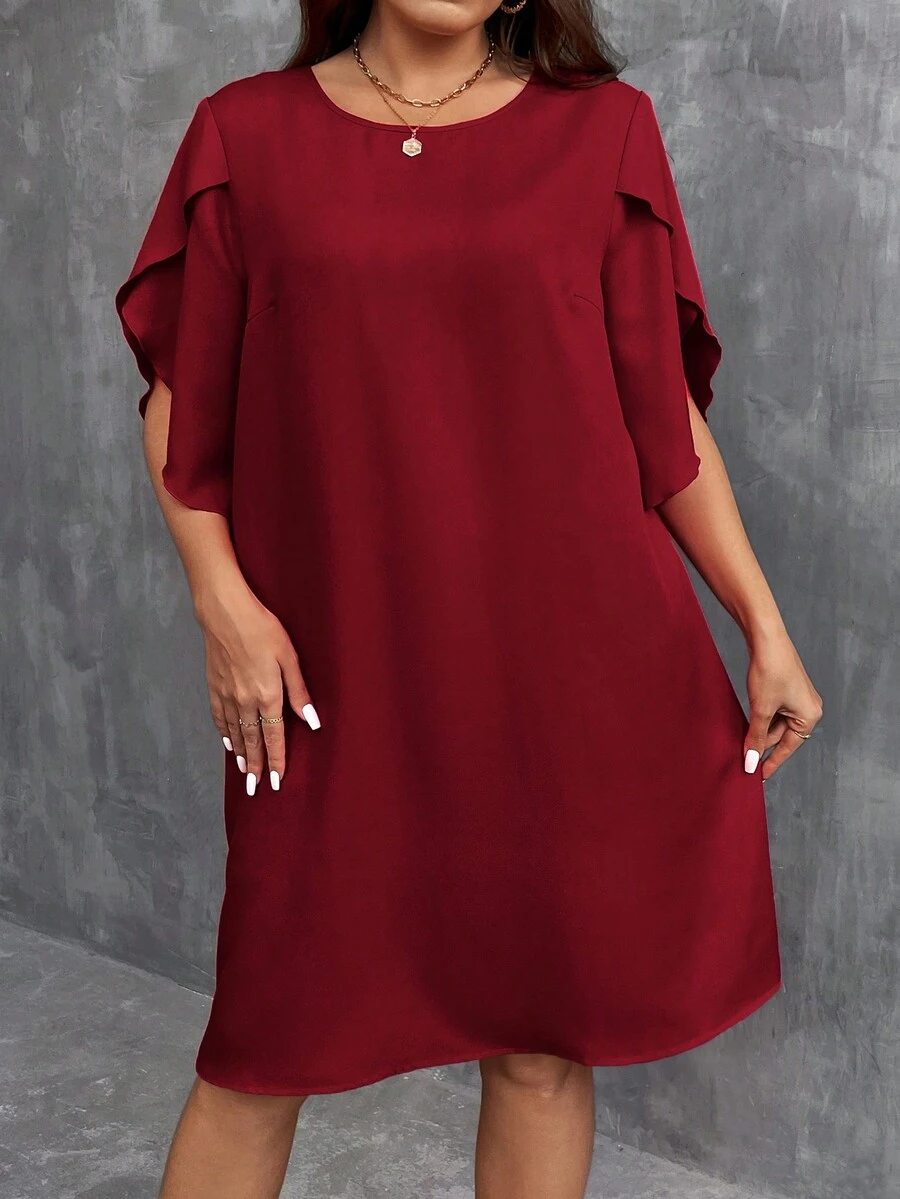 SHEIN LUNE Plus Size Women's Straight Loose Fit Shift Dress With Overlapping Sleeves And Round Neckline - Burgundy - View 1