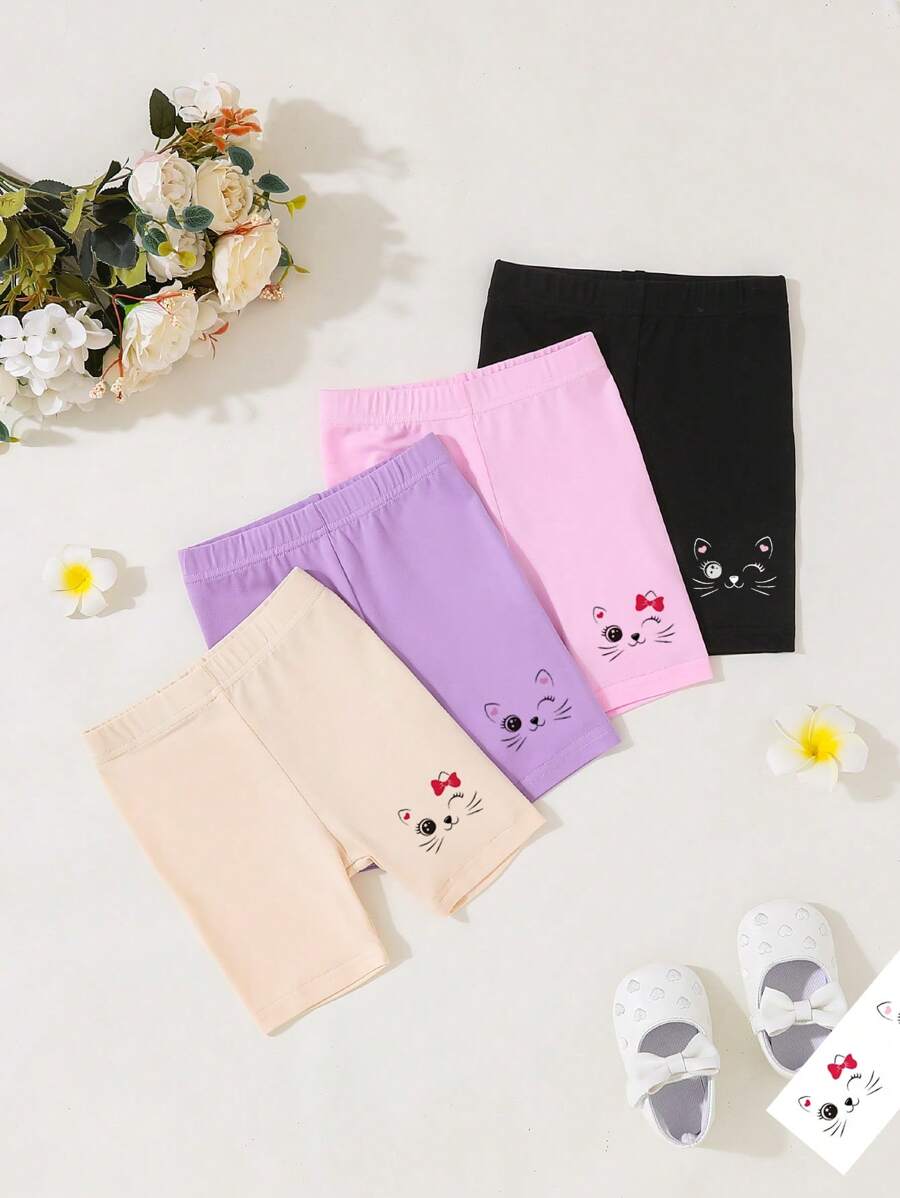 SHEIN 4入組嬰兒女孩可愛貓咪圖案印花休閒舒適短褲，夏季 - 彩色 - 查看 1