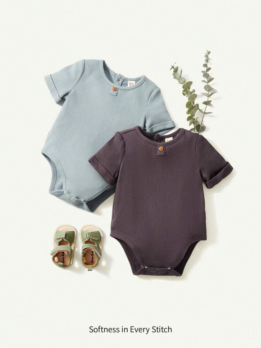 男婴针织柔软短袖连体衣两件套圆领半开领 - 霧霾藍 - 查看 1