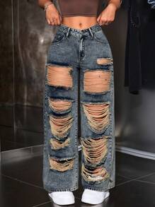 SHEIN ICON Women's Casual Wide Leg Loose Fit Jeans With Distressed Pockets