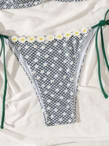 Swim Mod Ladies' Summer Beach Plaid Daisy Print Tie Triangle Bikini Set, Sexy Bikini Set, Printed Pattern Random - Black and White - View 5