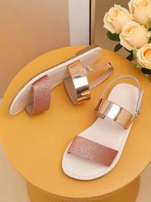 Girls Glitter Hook-and-loop Fastener Flat Sandals, Glamorous Summer Slingback Sandals