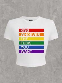 Slaydiva Áo thun crop top tay ngắn cổ tròn in họa tiết đồ họa Month Rainbow Kiss Anyone, chất liệu cotton pha trộn, phù hợp cho mùa hè - trắng - Xem 2