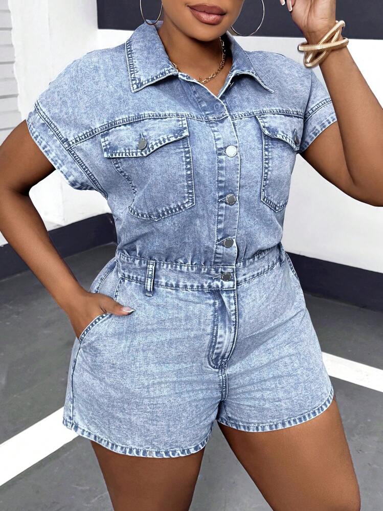 SHEIN SXY Plus Size Denim Jumpsuit Romper Short Sleeve Romper Blue SHEIN EUQS