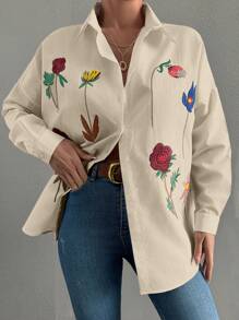 EURMUSE Camicia oversize casual con bottoni e maniche lunghe ricamate a fiori - Beige - Visualizzare 1