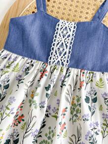 Cozy Pixies Baby Girl Summer Ditsy Floral Color Block Spaghetti Strap Dress With Ruffled Waistline