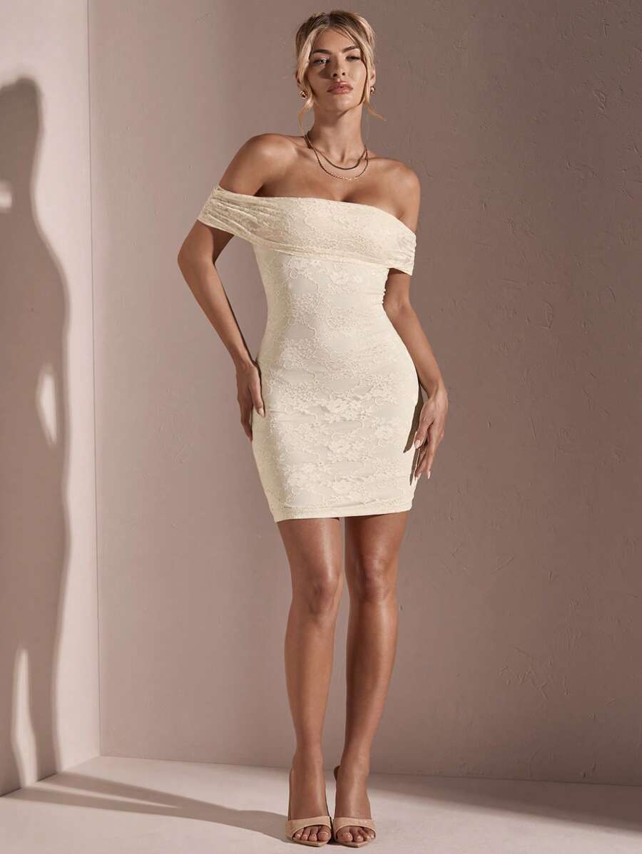 SHEIN BAE Nữ Trở Lại Trường Quần Áo Màu Trơn Phối Ren Lệch Vai Thanh Lịch Ngày Dự Tiệc Hở Lưng Bodycon Đầm - Màu be - Xem 1