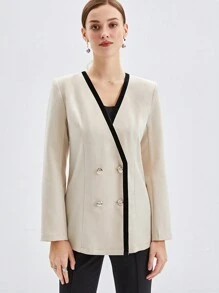 BizChic Women's Regular Fit Collarless Coat With Double-breasted Buttons And Contrast Trim - Apricot - View 5
