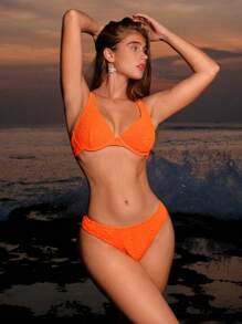 SHEIN Swim Women's Summer Beach Floral Pattern Sexy Bikini Set, Bikini Set Bathing Suit - Orange - View 5