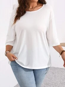 大尺碼圓領純色休閒夏季寬鬆短袖T恤 - 白色 - 查看 5