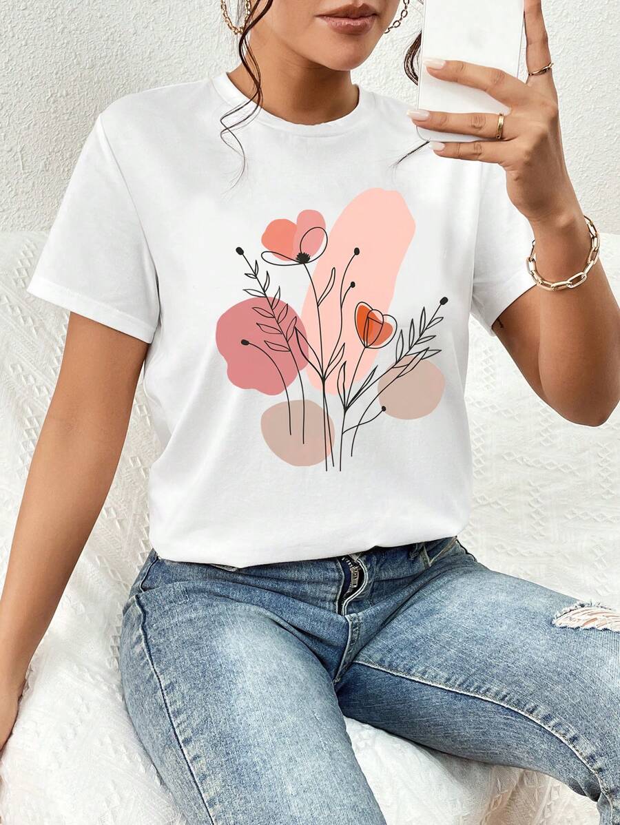 SHEIN Essnce Casual Floral Pattern Loose Fit Round Neck Short Sleeve Women T-Shirt, Suitable For Summer Pullover Suitable For Going Out - White - View 1