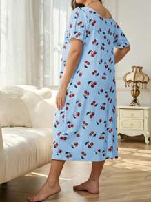 Vestido de pijama de verano informal con estampado de cerezas, manga abullonada y encaje floral de talla grande