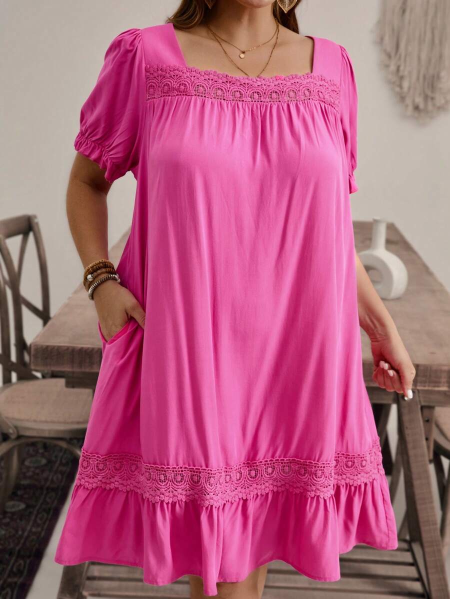 SHEIN VCAY Plus Size Women's Plain Simple Daily Short Sleeve Dress - Purple - View 1