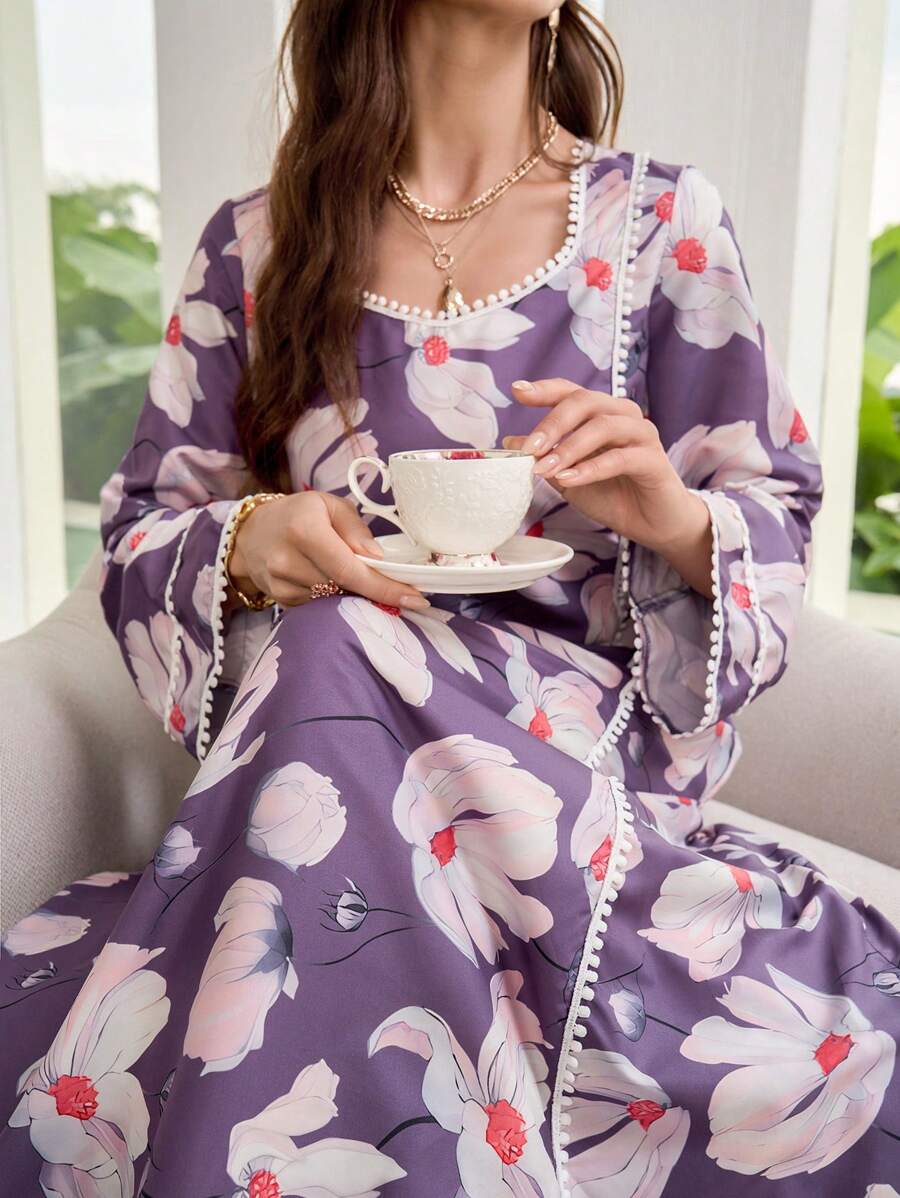 Al Najma 女式优雅花卉印花喇叭袖长款朴素连衣裙，春夏 - 紫色 - 查看 1