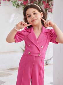 SHEIN 女童優雅精緻的瑪德琳連身褲，泡泡袖和西式領尤其精美，適用於夏秋和派對 - 玫紅色 - 查看 4