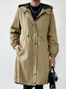 SHEIN Cottnline Drawstring Waist Side Pocket Hooded Parka Padded Coat - Beige - View 5