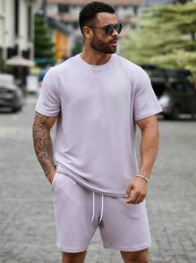 Manfinity Homme Ensemble de t-shirt décontracté pour homme de grande taille à unicolore avec manches courtes et short à cordon de serrage, été