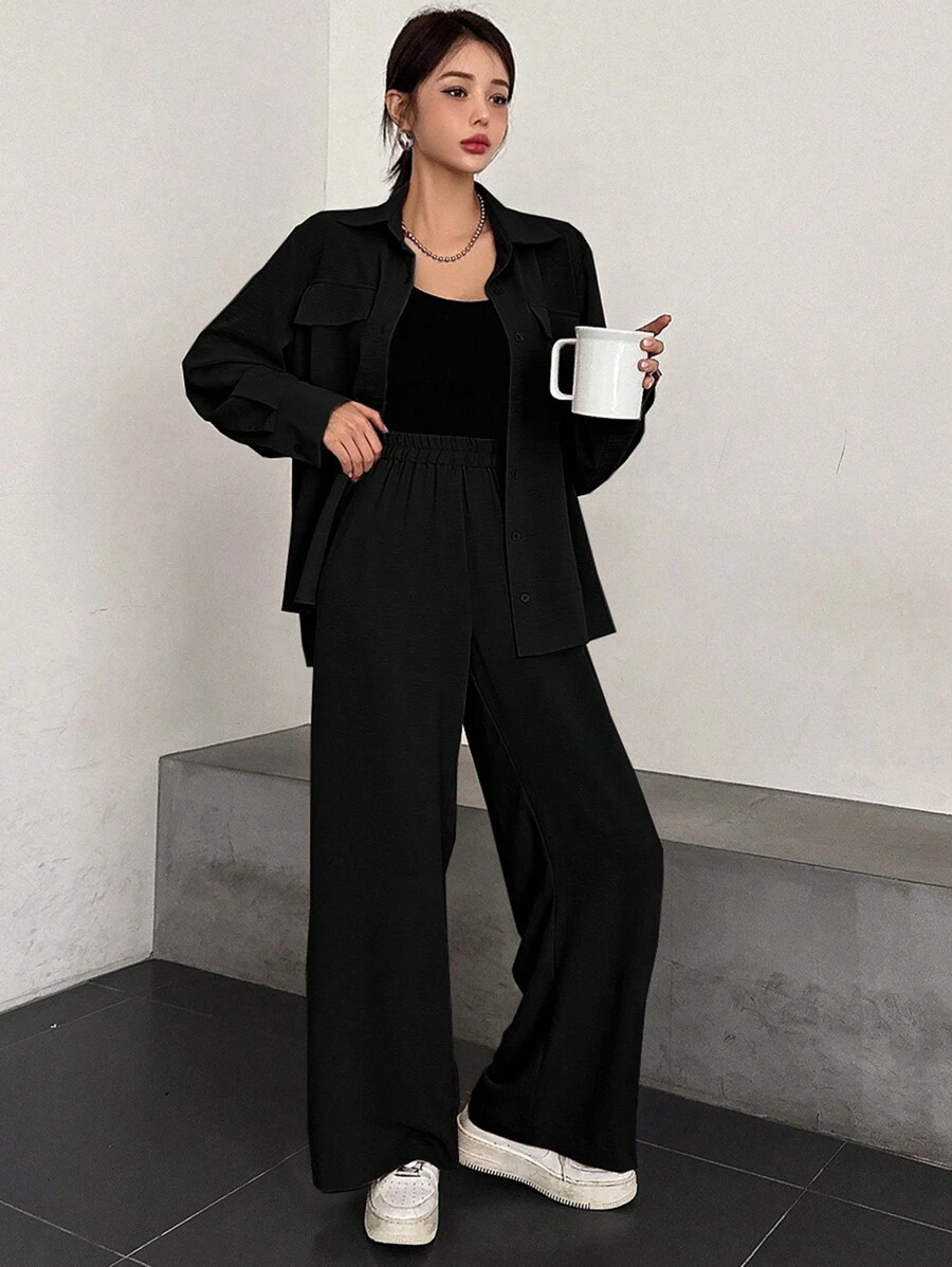 DAZY Ladies' Plain And Simple Daily Wear 2-Piece Set,Fall Clothes Lounge Sets For Women - Black - View 1