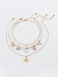 ROMWE Kawaii 3pcs Fashionable And Cute Multi-Colored Starfish Shell Pendant Pearl Necklace Set For Women's Beach Party Wear - Multicolor - View 2