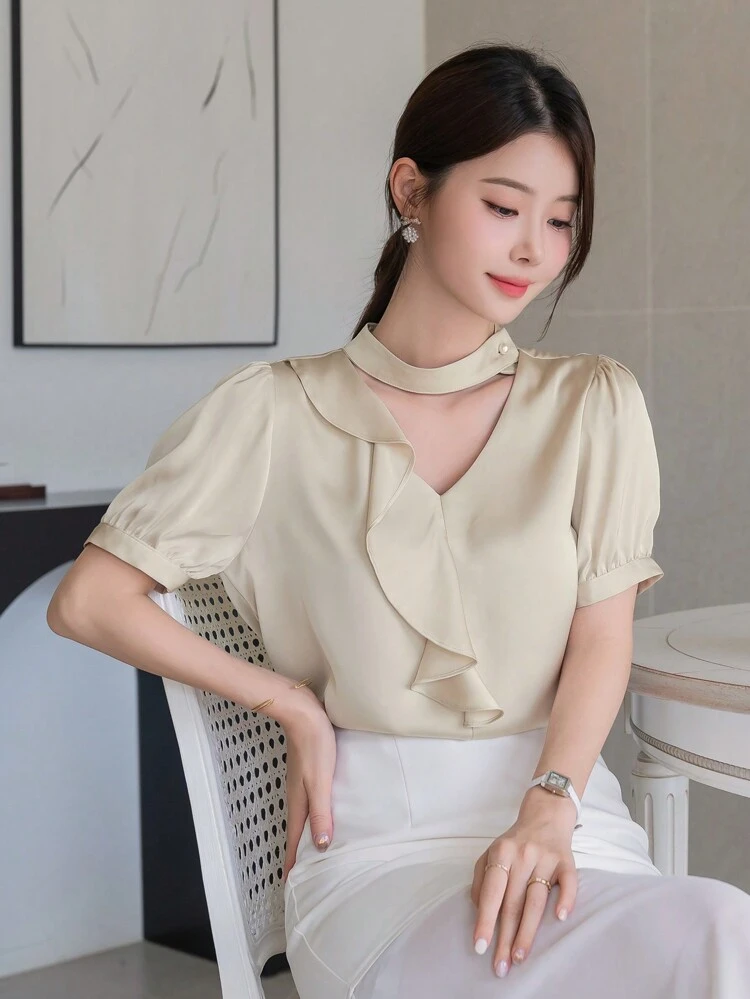 Women's Solid Color Simple Everyday Short Sleeve Shirt,Ruffle