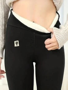 Plain And Simple Daily Wear Cat Pattern Coral Fleece Leggings - Black - View 3
