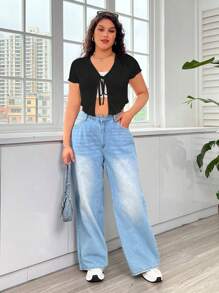 SHEIN EZwear 女士大尺碼純色極簡夏季短袖連帶繫帶T恤 - 黑色 - 查看 5