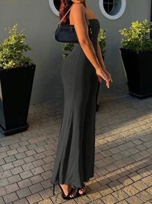 INAWLY Ladies' Plain And Simple Strapless Jumpsuit For Daily Wear - Dark Grey - View 6