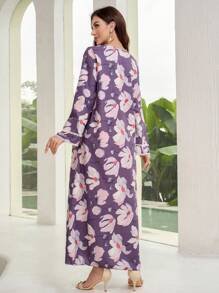 Al Najma 女式优雅花卉印花喇叭袖长款朴素连衣裙，春夏 - 紫色 - 查看 2