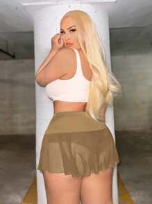 Allurite Plus Size Solid Color Sexy Mesh Contrast Summer Shorts - Brown - View 2