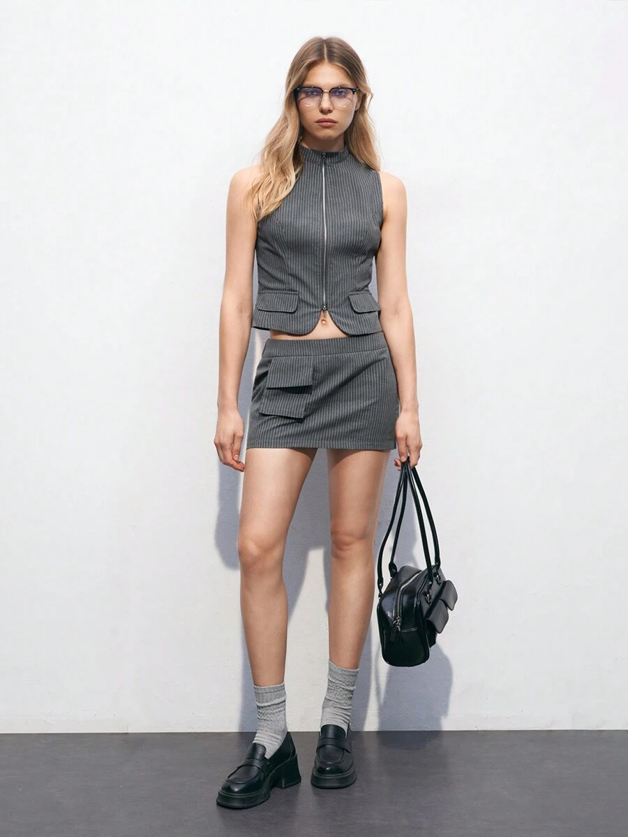 Maija Women's 2pcs Striped Workwear Set With Pocket, Stand Collar, Low Waist And Hip Hugging Design - Grey - View 1