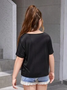 SHEIN Tween Girls Extended Size Casual Round Neck Color Block Short Sleeve T-Shirt - Multicolor - View 2