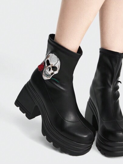 Kawaii Women's Casual Comfortable Skull Head Stretchy Ankle Boots, Slim Fit